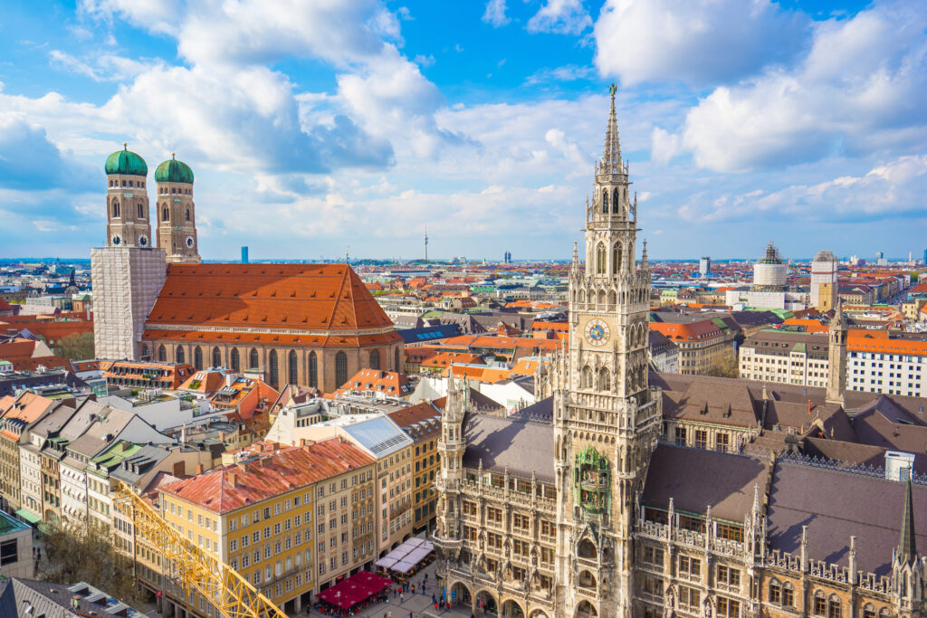 Aerial view of Marienplatz town hall and Frauenkirche in Munich, by international train from Amsterdam